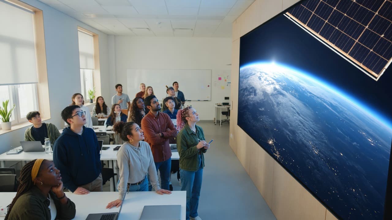 Students looking at Earth from low orbit on a large classroom display